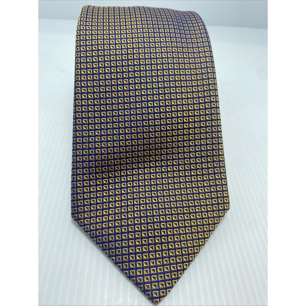 PINK London Luxury Handmade 100 % Silk Tie Golden Blue Geometric T31